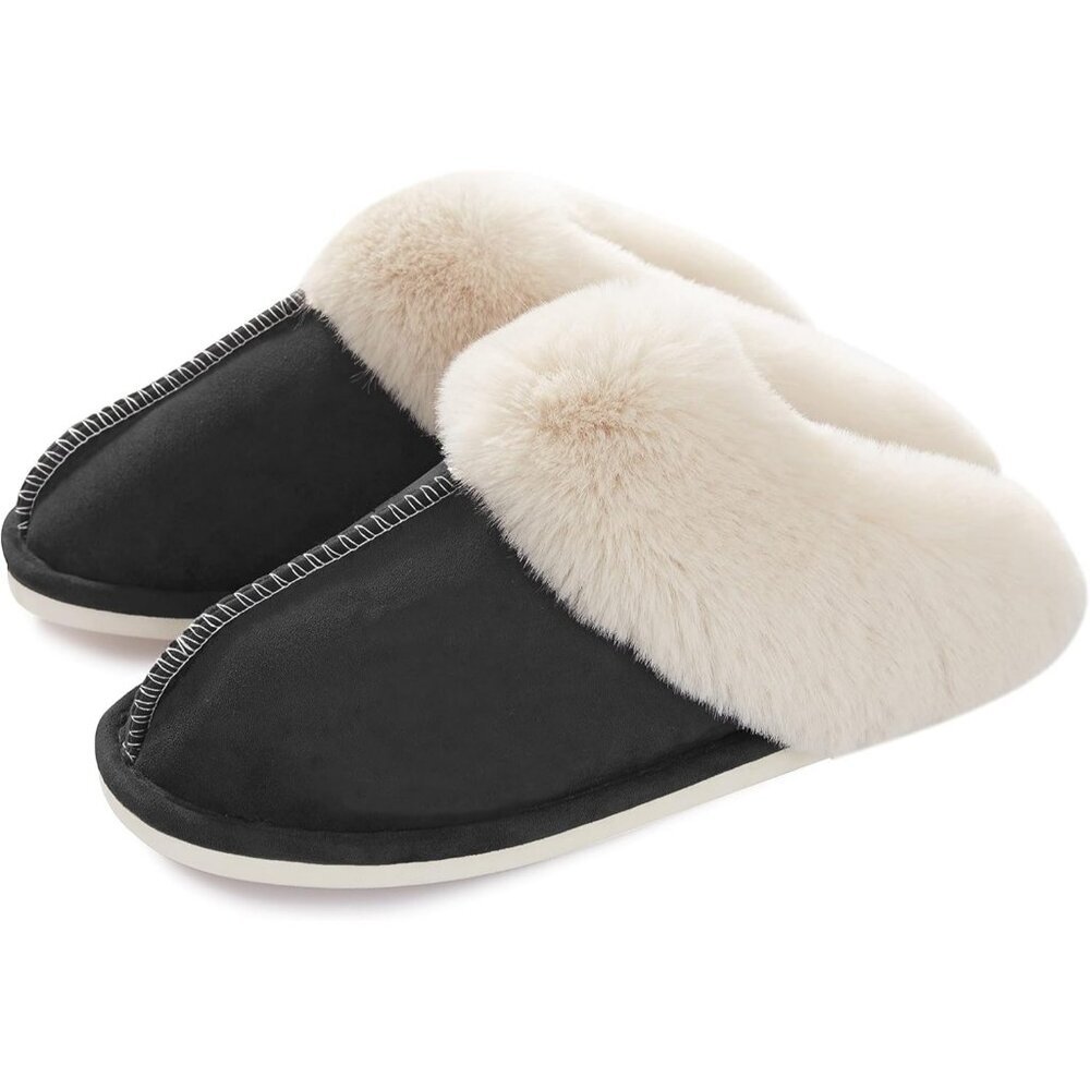 Women's Black Fluffy Cozy Winter Warm Plush Memory Foam Slip On Slippers Shoes